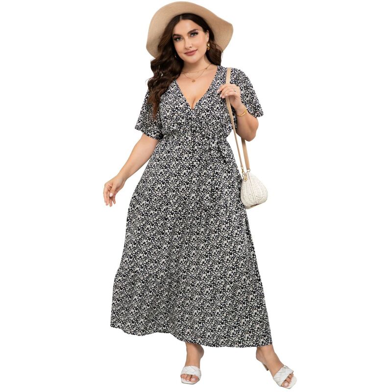 セオリア レディース トップス ワンピース Vネック ハイウエスト プラスサイズ フリル マキシ Seoria Women Plusize V Neck Ruffle Maxi Dressummer Short Sleeves High Waist Wrap Dress with Belt Black Flower ブラック｜ReVida 店 9,975円