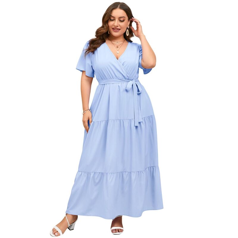 セオリア レディース トップス ワンピース Vネック ハイウエスト プラスサイズ フリル マキシ Seoria Women Plusize V Neck Ruffle Maxi Dressummer Short Sleeves High Waist Wrap Dress with Belt Light Blue ブルー｜ReVida 店