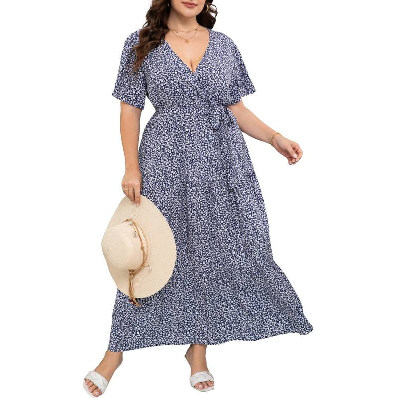 セオリア レディース トップス ワンピース Vネック ハイウエスト プラスサイズ フリル マキシ Seoria Women Plusize V Neck Ruffle Maxi Dressummer Short Sleeves High Waist Wrap Dress with Belt Navy Blue Small Flower ネイビー｜ReVida 店