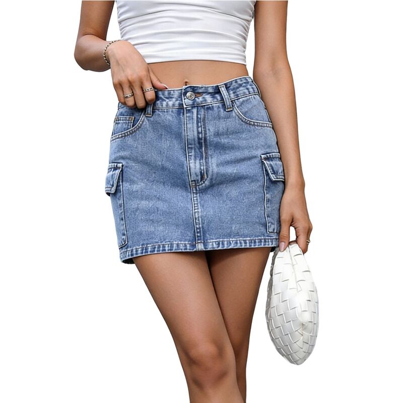 クリアフラワー レディース ボトムスカート ミニ デニム ClearFlower Women's High Waisted Cargo Mini Skirt - Washedenim Skirt with Pockets & Button Fly for Summer Blue ブルー|ReVida 店