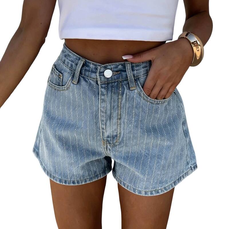 セオリア レディース ボトムス 二分の一ズボン下・さる股引き 遊撃手ズボン下 ジーンズ Seoria Women High Waisted Rhinestone Stripedenim Shorts Loose Fit Jean Shorts For Summer Casual Party Blue 青色
