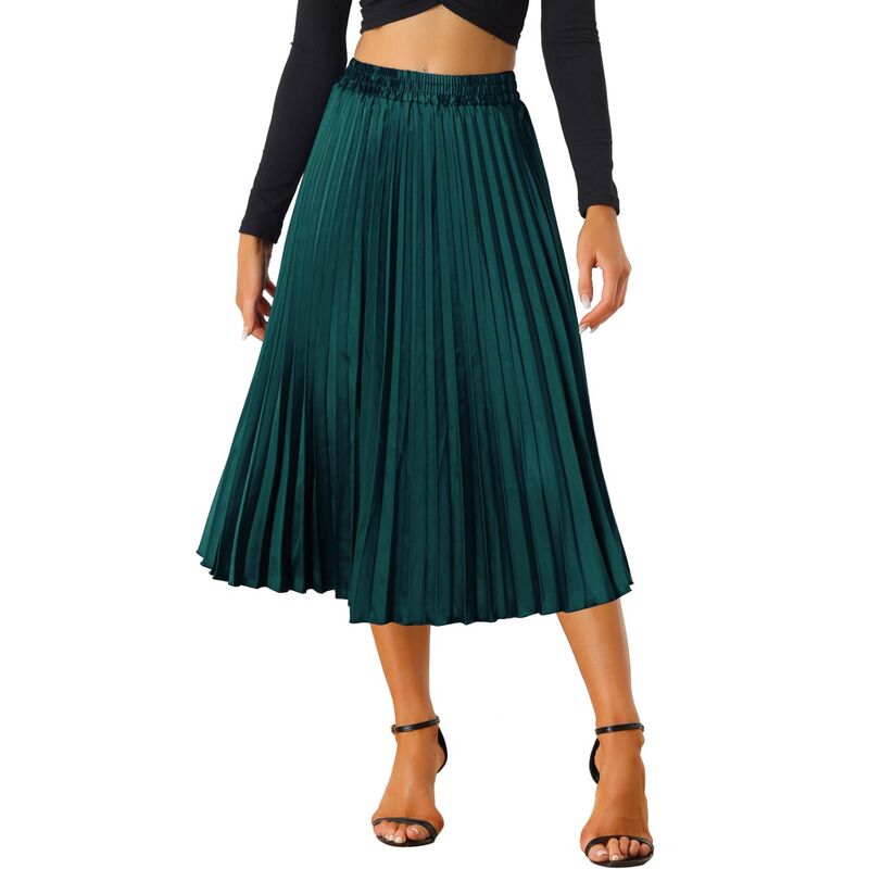 アレグラ ケー レディース ボトムスカート プリーツ ミディ トール ALLEGRA K Women's Elastic Waist Metallic Shiny Accordion Pleated Midi Skirt Greens メタリック｜ReVida 店
