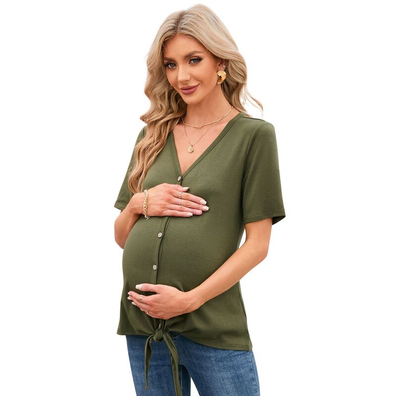 コジョイン レディース トップス シャツ Vネック ボタンダウン ブラウス マタニティ Kojooin Women's Maternity Shirts V Neck Short Sleeve Nursing Tops Button Down Breastfeeding Tunic Blouse Carmy Green グリーン｜ReVida 店
