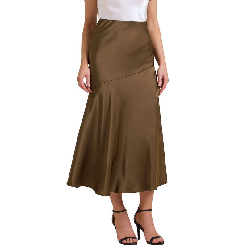 インスパイア シック レディース ボトムスカート ハイウエスト サテン マキシ INSPIRE CHIC Women'satin Maxi Skirt Fall High Waist Casual Cocktail Party Wedding Mermaid Long Skirts Brown ブラウン|ReVida 店