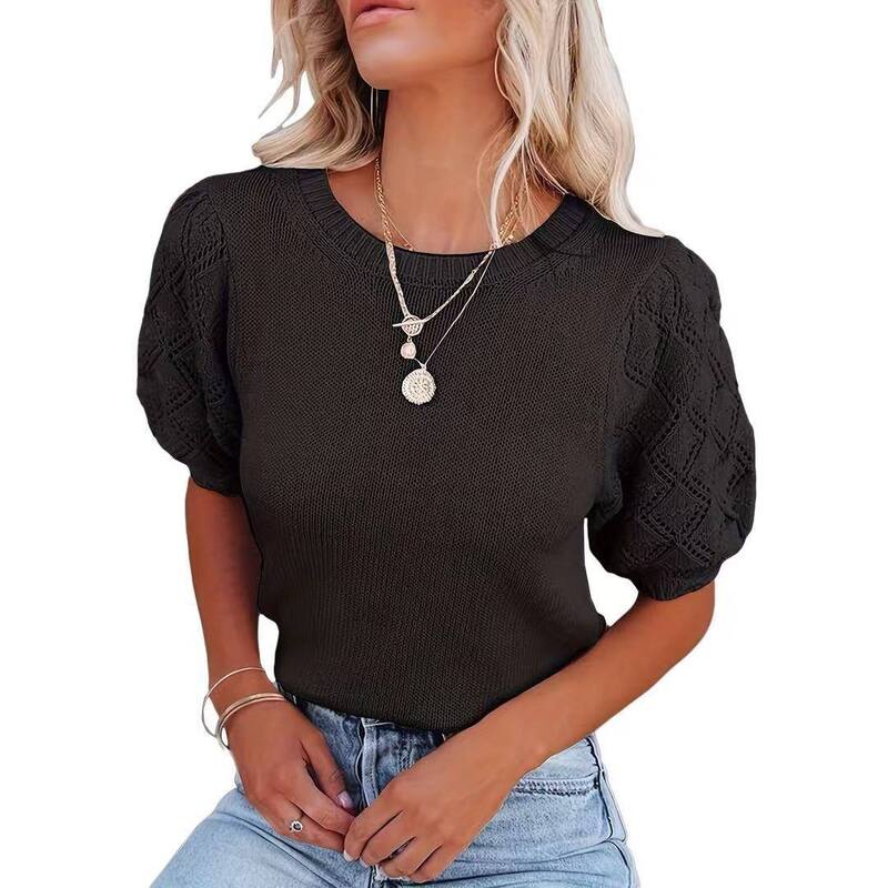 クリアフラワー レディース アウター ニット・セーター クルーネック ClearFlower Womenshort Sleeve Sweaters Crewnecknit Pullover Topsummer Casualightweight Sweaters Black 1 ブラック|ReVida 店