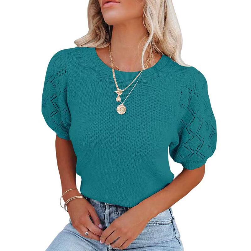 クリアフラワー レディース アウター ニット・セーター クルーネック ClearFlower Womenshort Sleeve Sweaters Crewnecknit Pullover Topsummer Casualightweight Sweaters Blue Green ブルー｜ReVida 店
