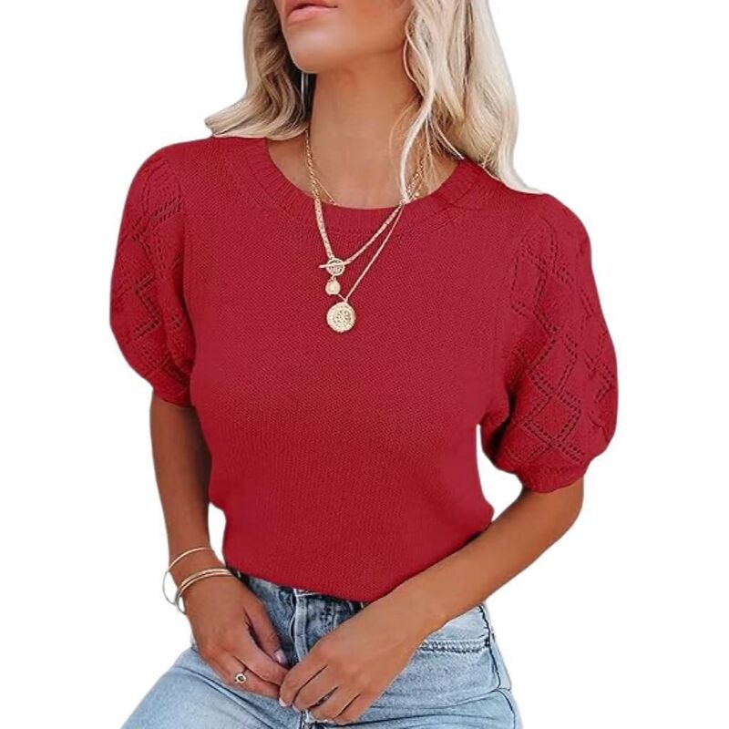 クリアフラワー レディース アウター ニット・セーター クルーネック ClearFlower Womenshort Sleeve Sweaters Crewnecknit Pullover Topsummer Casualightweight Sweaters Red 2 レッド｜ReVida 店