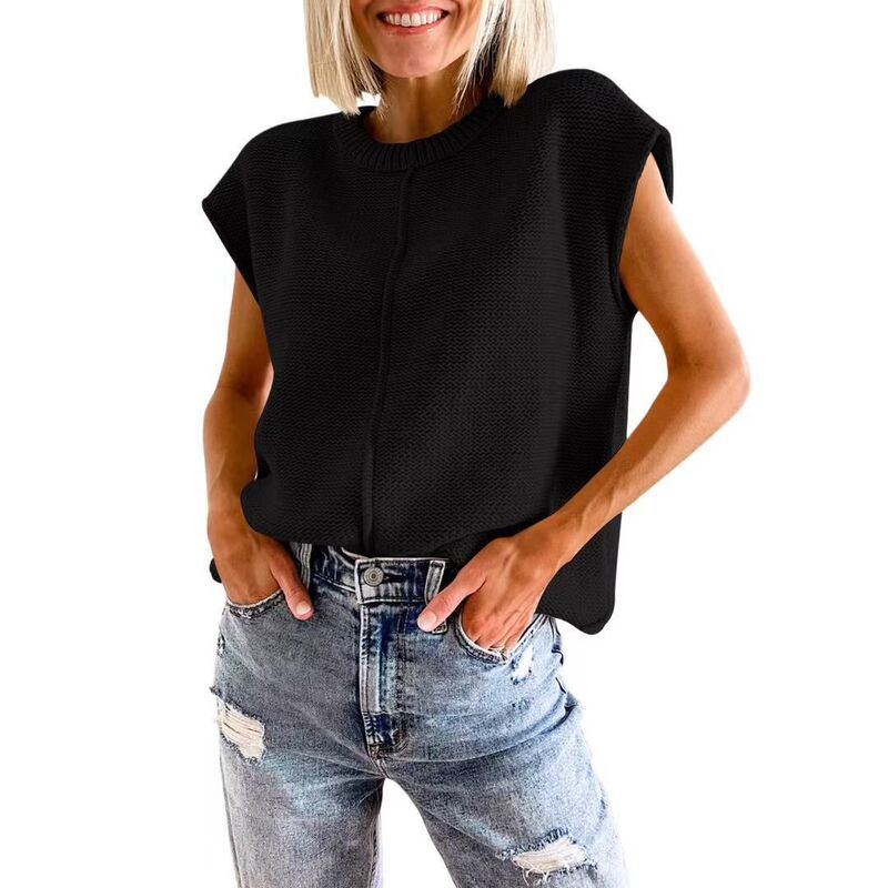 クリアフラワー レディース アウター ニット・セーター クルーネック リブ ベスト キャップ ClearFlower Women's Pullover Sweater Vest Crew Neck Cap Sleeve Loose Sweateribbed Knitop Solid Color Black ブラック|ReVida 店