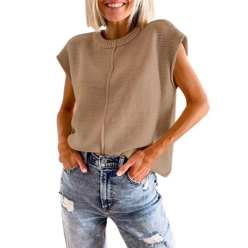 クリアフラワー レディース アウター ニット・セーター クルーネック リブ ベスト キャップ ClearFlower Women's Pullover Sweater Vest Crew Neck Cap Sleeve Loose Sweateribbed Knitop Solid Color Earth Yellow イエロー|ReVida 店