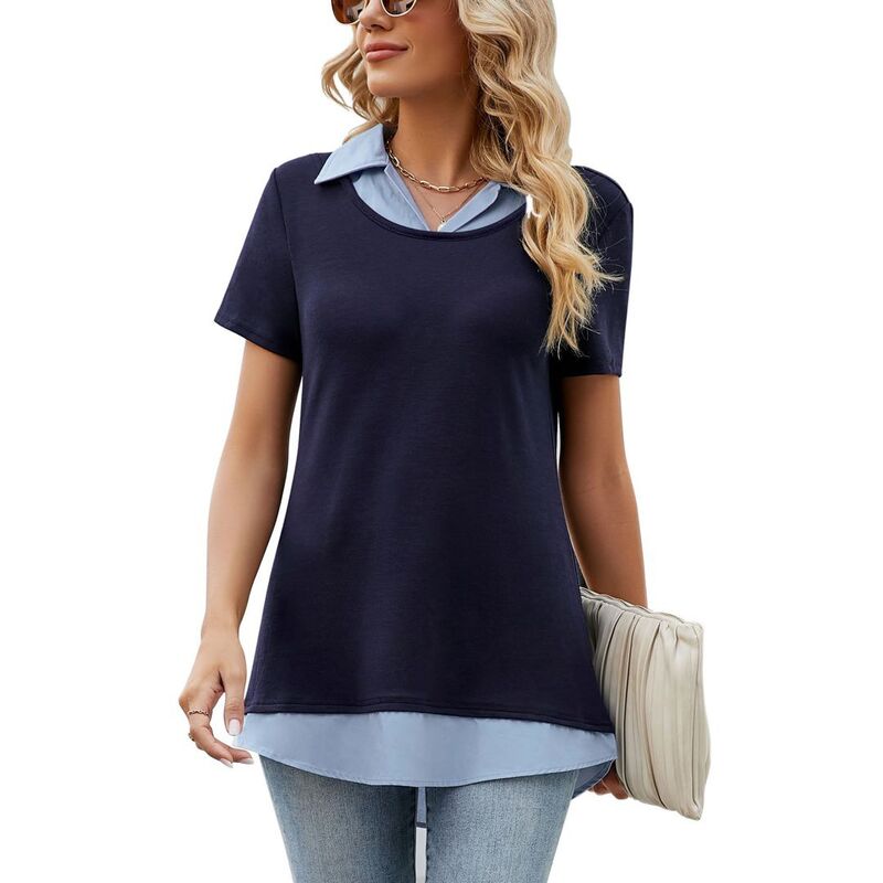 イエスファッション レディース トップス シャツ Yesfashion Women'short Sleeved Color Blocked Collared Shirt Casual Work Top Navy Blue ネイビー｜ReVida 店