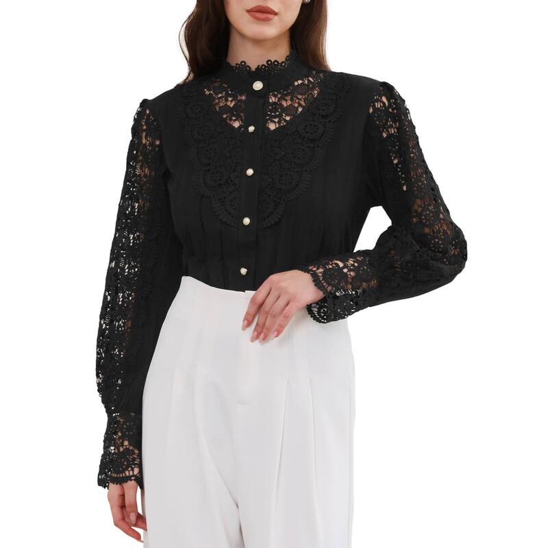 インスパイア シック レディース トップス シャツ ボタンダウン レーストリム ダウン ブラウス レース INSPIRE CHIC Lace Trim Top for Women's Elegant Stand Collar Victorian Long Sleeve Button Down Blouse Black ブラック|ReVida 店