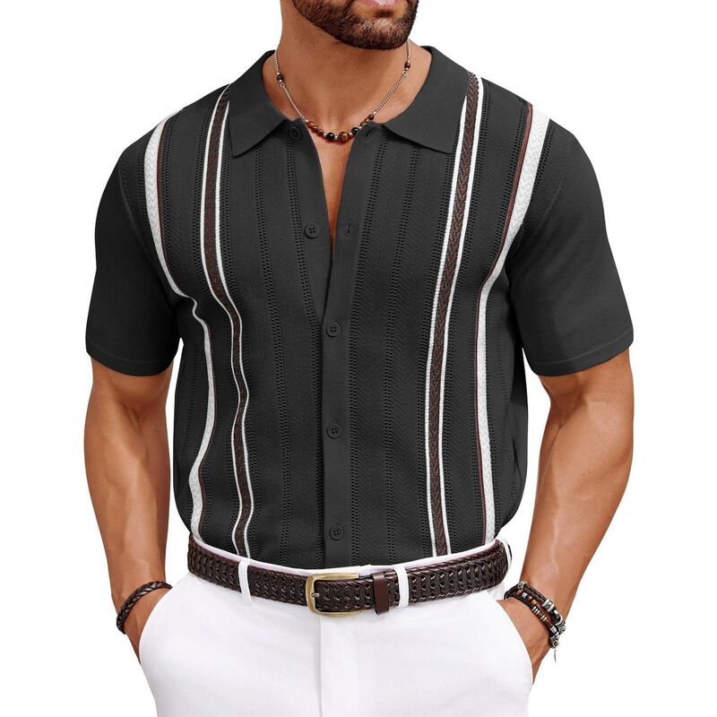 クーファンディ レディース アウター ニット・セーター ボタンダウン ポロシャツ ダウン COOFANDY Mens Knit Button Down Shirt Casual Short Sleeve Button Up Shirts Polo Golf Shirts Black ブラック｜ReVida 店