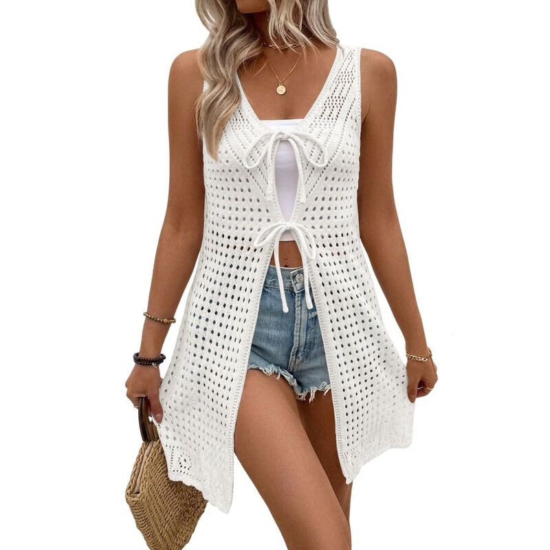 ボディサイズ レディース アウター ニット・セーター ベスト シャツ BODDYSIZE Women Crochet Knitted Beach Coverup Shirt Loose Open Tie Frontank Tops Casual Summer Sweater Vests White ホワイト|ReVida 店