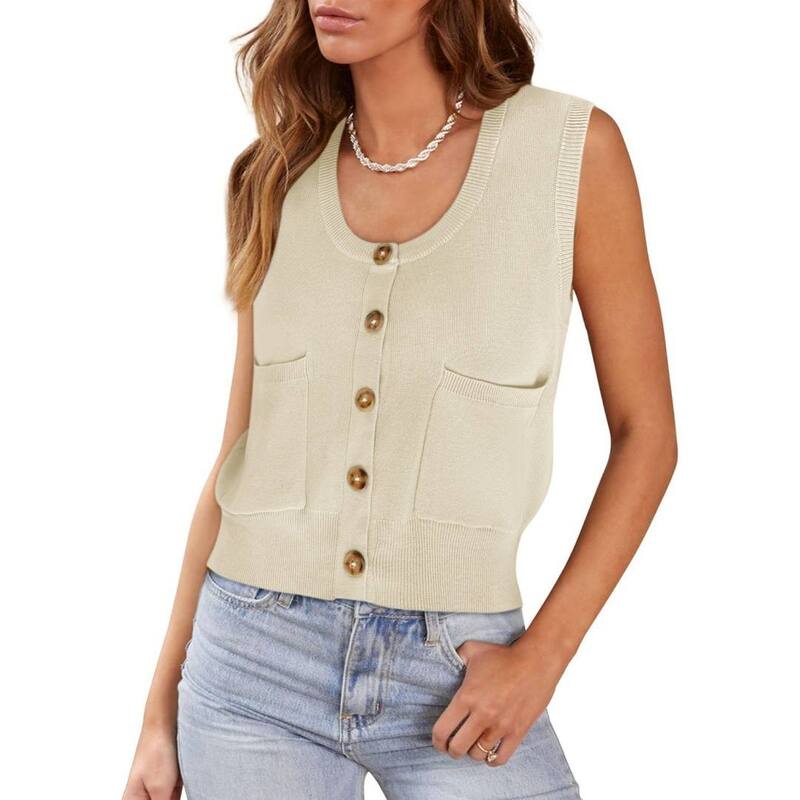ボディサイズ レディース アウター ニット・セーター ボタンダウン リブ ベスト シャツ ノースリーブ ダウン BODDYSIZE Womensweater Vest Ribbed Tank Topsleeveless Button Down Shirtscoop Neck Top with Pockets Apricot アプリコット｜ReVida 店