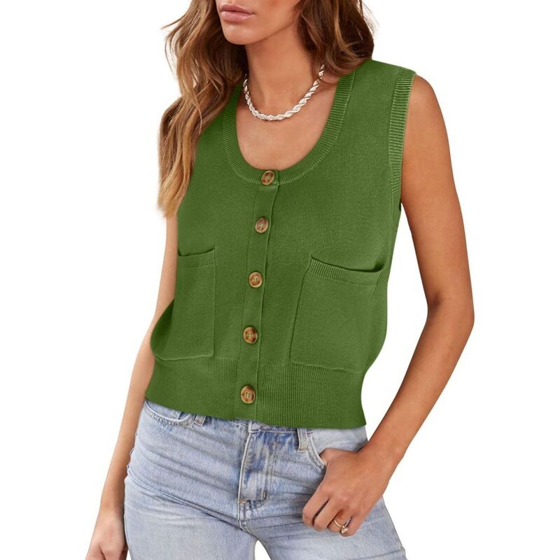 ボディサイズ レディース アウター ニット・セーター ボタンダウン リブ ベスト シャツ ノースリーブ ダウン BODDYSIZE Womensweater Vest Ribbed Tank Topsleeveless Button Down Shirtscoop Neck Top with Pockets Green グリーン|ReVida 店