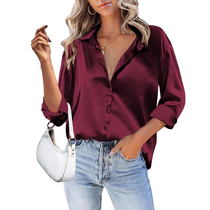 ジーグー レディース トップス プルオーバー Vのど首 繻子 絹地 トップ Zeagoo Silk Tops for Women Satin Long Sleeve V Neck Casual Office Work Blouse Tunic Tops Wine Red 赤いこと
