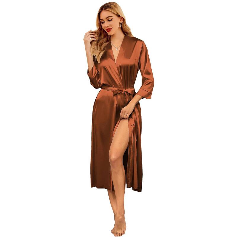 エコアー レディース アンダー御召しもの ナイト爵御召しもの 繻子 地絹 Ekouaer Silk Robes for Women Long Satin Bridesmaid Wedding Party Robes Lightweight Brown 赤銅色