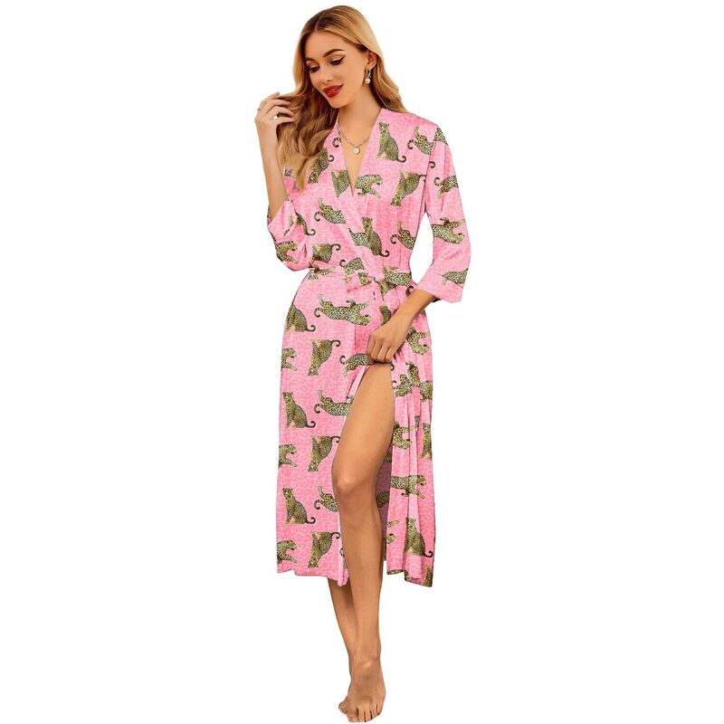 エコアー レディース アンダー御召しもの ナイト爵御召しもの 繻子 地絹 Ekouaer Silk Robes for Women Long Satin Bridesmaid Wedding Party Robes Lightweight Pink Leopard サクラ色
