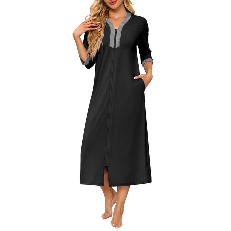 エコアー レディース アンダーお召しもの ナイト爵お召しもの 厚地の外套 Ekouaer Women\u0027s Zipperobe 3/4 Sleeves Housecoat Fullength Nightgown Soft Loungewearobe Black 黒いこと
