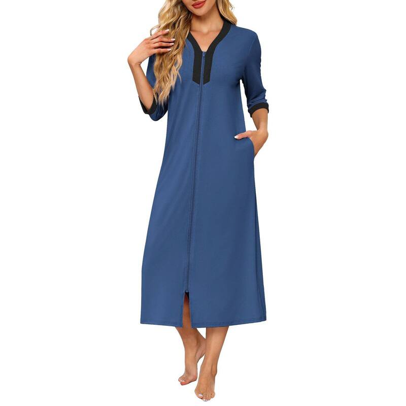 エコアー レディース アンダーお召しもの ナイト爵お召しもの 厚地の外套 Ekouaer Women\u0027s Zipperobe 3/4 Sleeves Housecoat Fullength Nightgown Soft Loungewearobe Navy 米国海軍