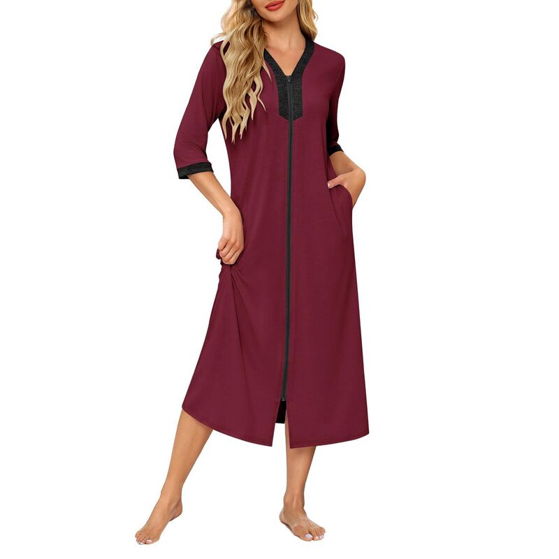 エコアー レディース アンダーお召しもの ナイト爵お召しもの 厚地の外套 Ekouaer Women\u0027s Zipperobe 3/4 Sleeves Housecoat Fullength Nightgown Soft Loungewearobe Wine Red 赤いこと