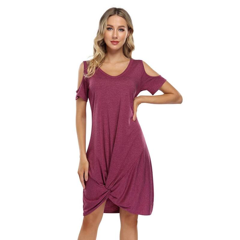 ミスキー レディース トップス ワンピース Vネック ミディ Tシャツ MISSKY Women V Neck T-shirt Dresseswing Short Sleeve Cold Shoulder Tunic Twist Knot Midi Shirt Dress Wine Red レッド｜ReVida 店