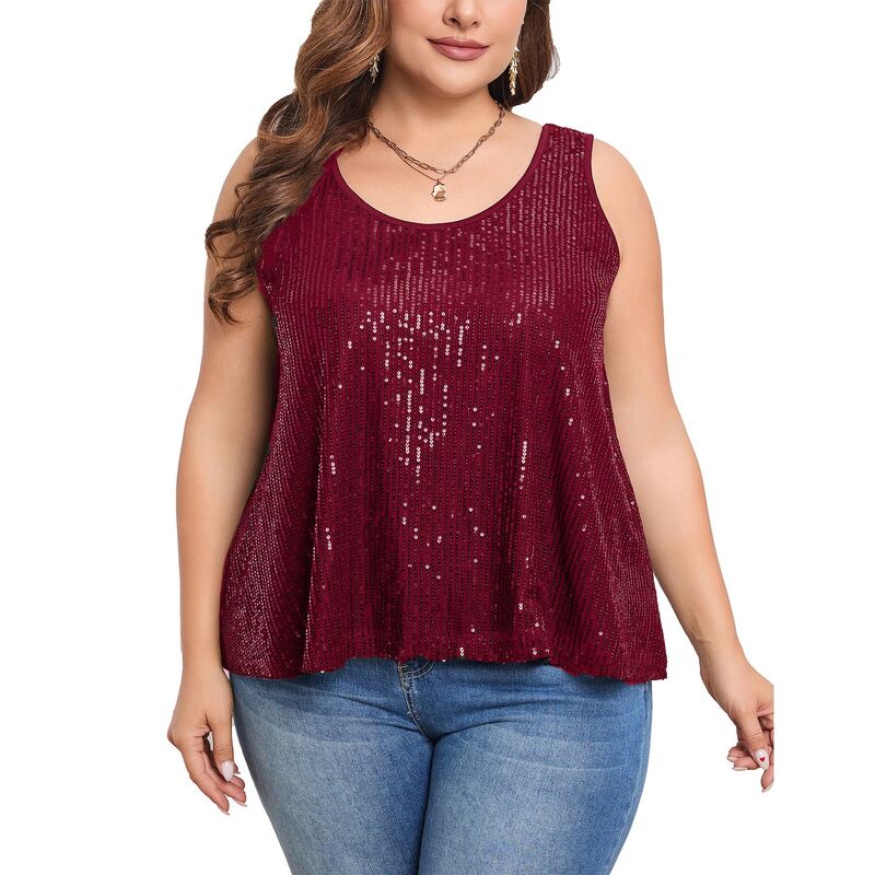 ミスキー レディース トップス ワンピース プラスサイズ ベスト シャツ スパンコール ノースリーブ MISSKY Sequin Tops Plusize Glitter Tank Top Sleevelessparkle Shimmer Shirtops Camisole Vest Burgundy バーガンディ|ReVida 店