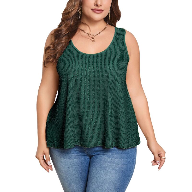 ミスキー レディース トップス ワンピース プラスサイズ ベスト シャツ スパンコール ノースリーブ MISSKY Sequin Tops Plusize Glitter Tank Top Sleevelessparkle Shimmer Shirtops Camisole Vest Dark Green グリーン｜ReVida 店