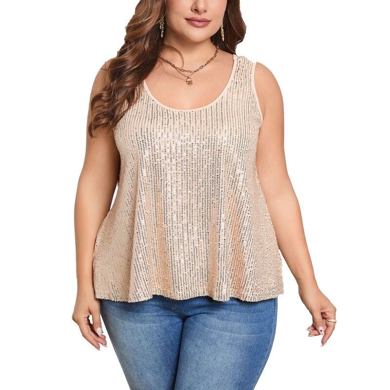 ミスキー レディース トップス ワンピース プラスサイズ ベスト シャツ スパンコール ノースリーブ MISSKY Sequin Tops Plusize Glitter Tank Top Sleevelessparkle Shimmer Shirtops Camisole Vest Gold ゴールド｜ReVida 店