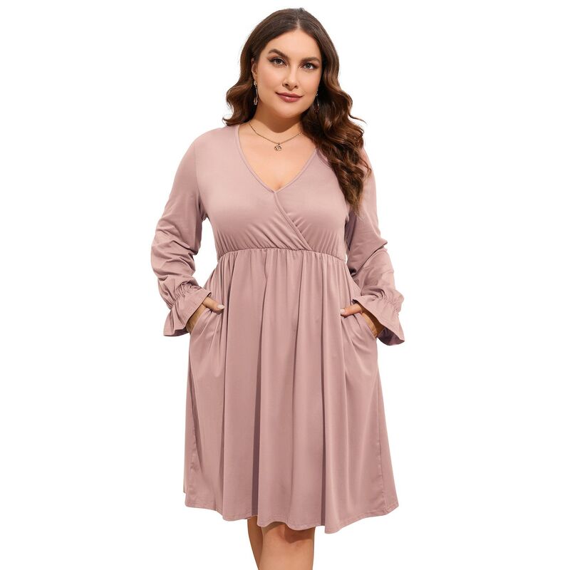コジョイン レディース トップス ワンピース Vネック A ライン ひざ丈 プラスサイズ ミニ Kojooin Women\'s V Neck A-Line Knee Length Wrap Swing Dresses A Line Party Plusize Mini Dress Apricot アプリコット｜ReVida 店