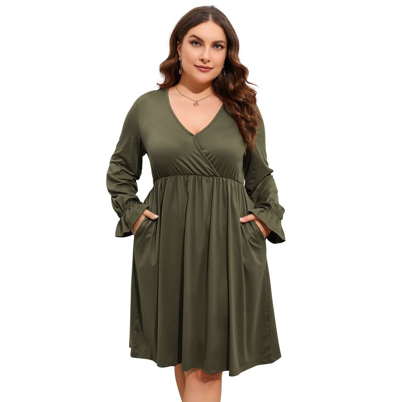 コジョイン レディース トップス ワンピース Vネック A ライン ひざ丈 プラスサイズ ミニ Kojooin Women\'s V Neck A-Line Knee Length Wrap Swing Dresses A Line Party Plusize Mini Dress Army Green グリーン｜ReVida 店