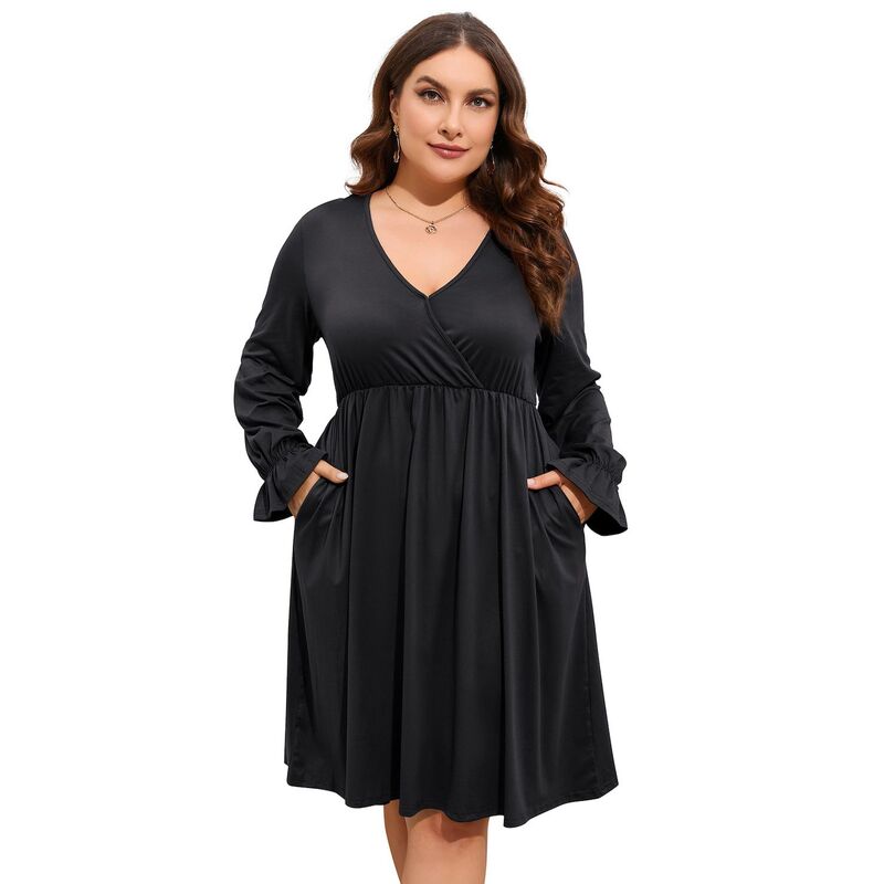 コジョイン レディース トップス ワンピース Vネック A ライン ひざ丈 プラスサイズ ミニ Kojooin Women\'s V Neck A-Line Knee Length Wrap Swing Dresses A Line Party Plusize Mini Dress Black ブラック｜ReVida 店