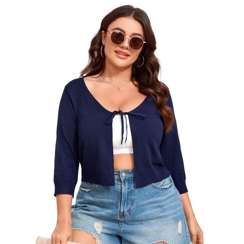 コジョイン レディース アウター ニット・セーター リブニット カーディガン Kojooin Women's Tie Front 3/4 Sleeve Rib Knit Boleropen Front Cardigan Sweatershrug Navy Blue ネイビー|ReVida 店
