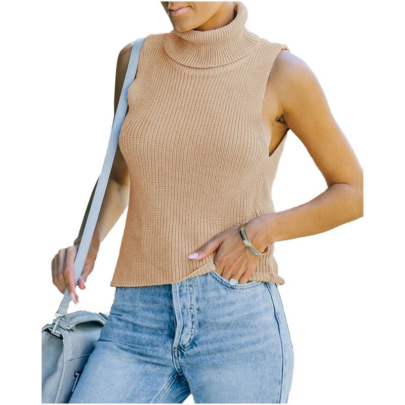 イエスファッション レディース アウター ニット・セーター スリムフィット タートルネック ノースリーブ Yesfashion Womens Turtleneck Sweater Sleevelesslim Fit Knit Pullovers Casual Basic Stretch Tank Top Khaki カーキ|ReVida 店