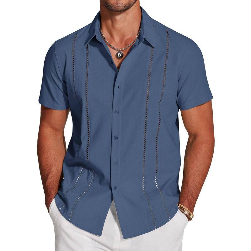 クーファンディ レディース トップス Tシャツ ボタンダウン 半袖 ダウン リネン COOFANDY Button Down Shirts for Men Short-Sleeve Solid Linen Shirt Casual Summer Beach Shirt Dark Blue ブルー｜ReVida 店