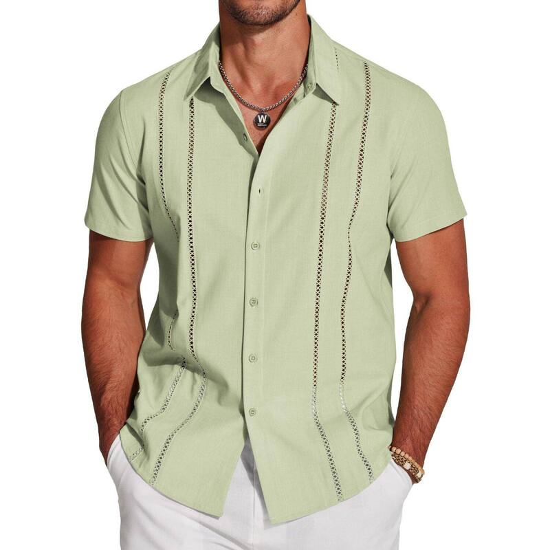 クーファンディ レディース トップス Tシャツ ボタンダウン 半袖 ダウン リネン COOFANDY Button Down Shirts for Men Short-Sleeve Solid Linen Shirt Casual Summer Beach Shirt Light Green グリーン|ReVida 店