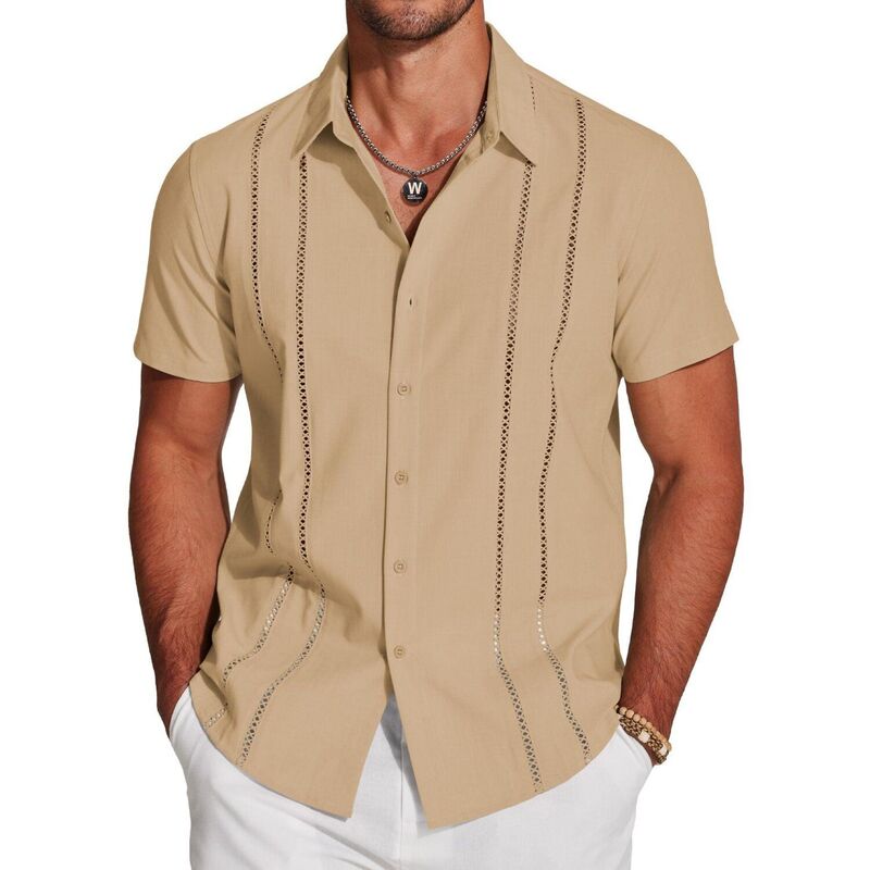 クーファンディ レディース トップス Tシャツ ボタンダウン 半袖 ダウン リネン COOFANDY Button Down Shirts for Men Short-Sleeve Solid Linen Shirt Casual Summer Beach Shirt Lightan タン｜ReVida 店