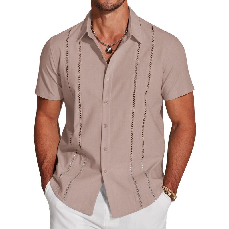クーファンディ レディース トップス Tシャツ ボタンダウン 半袖 ダウン リネン COOFANDY Button Down Shirts for Men Short-Sleeve Solid Linen Shirt Casual Summer Beach Shirt Misty Rose｜ReVida 店 9,995円