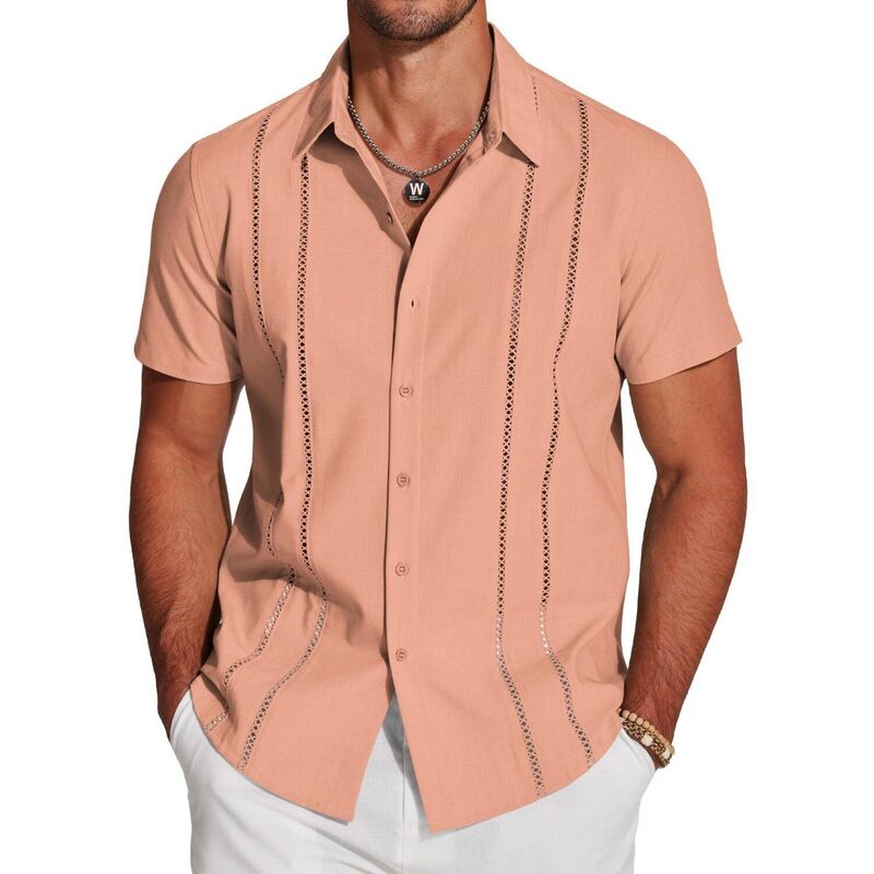 クーファンディ レディース トップス Tシャツ ボタンダウン 半袖 ダウン リネン COOFANDY Button Down Shirts for Men Short-Sleeve Solid Linen Shirt Casual Summer Beach Shirt Pink ピンク|ReVida 店