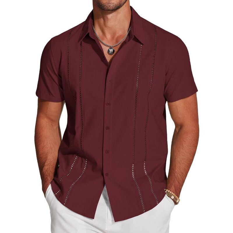 クーファンディ レディース トップス Tシャツ ボタンダウン 半袖 ダウン リネン COOFANDY Button Down Shirts for Men Short-Sleeve Solid Linen Shirt Casual Summer Beach Shirt Wine Red レッド|ReVida 店