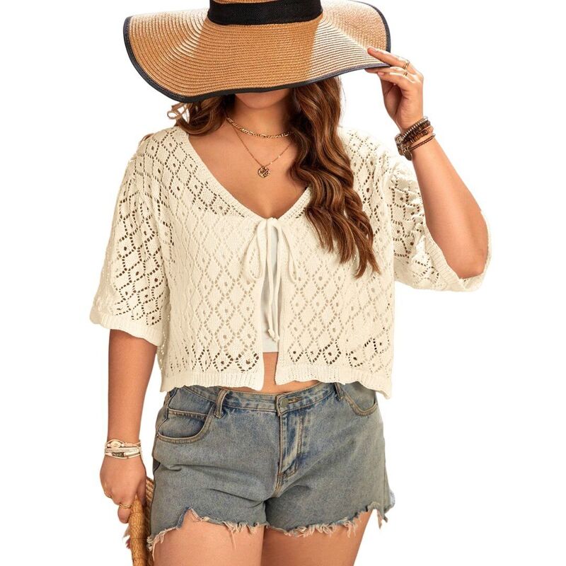 ボディサイズ レディース アウター ニット・セーター カーディガン クロップド BODDYSIZE Women'summer Short Sleeve Crochet Shrug Tie Front Open Knit Cropped Cardigan Lightweight Cover Up Beige ベージュ｜ReVida 店