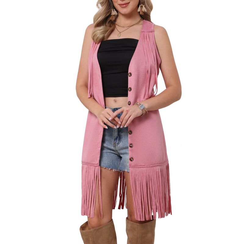【貨物輸送無料】 インスパイア 今めかしい レディース 上衣・上衣 アウター Fringe Vest for Women Faux Suede Sleeveless Cowgirl V Neck Button Down Western Long Cardigan Jacket Pink