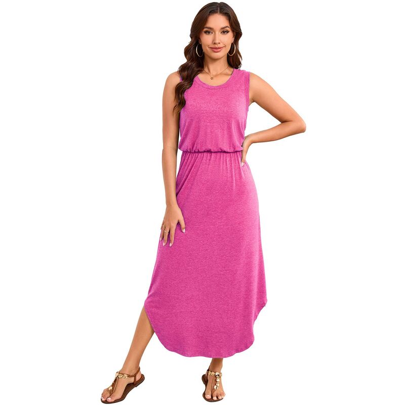 セオリア レディース トップス ワンピース ノースリーブ Seoria Women Sleeveless Tank Dress Elastic Waist Casual Sundress Rose Red レッド｜ReVida 店