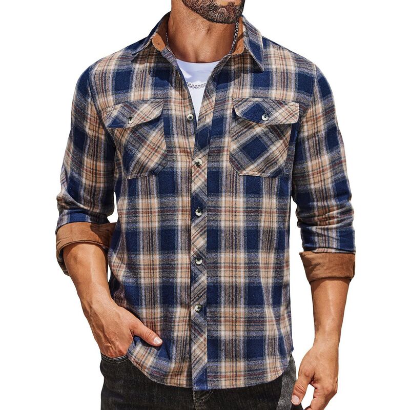 クーファンディ レディース トップス Tシャツ ボタンダウン COOFANDY Men' Plaid Button Down Shirt Long Sleeve Lightweight Flannel Cowboy Work Shirt Fall Plaid Navy Khaki ネイビー｜ReVida 店 8,386円