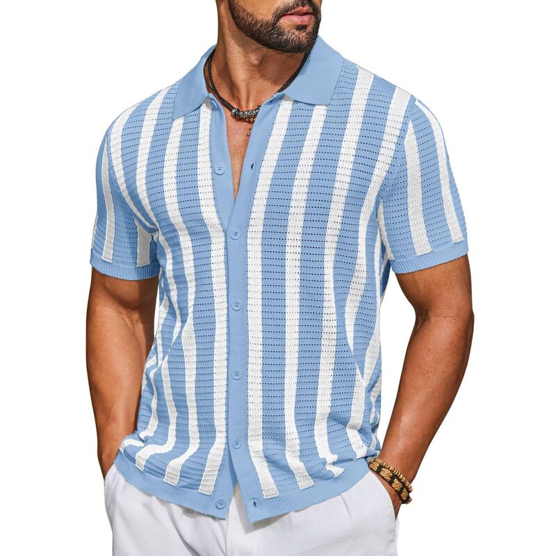 クーファンディ レディース トップス Tシャツ ボタンダウン ポロシャツ ダウン ニット COOFANDY Men' Knit Beach Shirtshort Sleeve Casual Button Down Shirt Fashion Summer Knitted Polo Light Blue White ホワイト｜ReVida 店