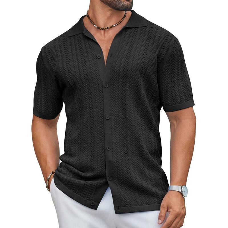 クーファンディ レディース アウター ニット・セーター ヴィンテージ ポロシャツ COOFANDY Knit Polo Men Casual Stylishort Sleeve Vintage Beach Shirt Clothes Textured Button Up Black ブラック｜ReVida 店