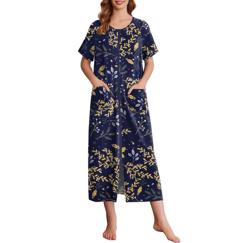 エコアー レディース アンダー御召しもの ナイト爵御召しもの 厚地の外套 Ekouaer Women\u0027s Zipperobes Fullength Short Sleeve Housecoats House Dress with Pockets Yellow Leaves 黄色