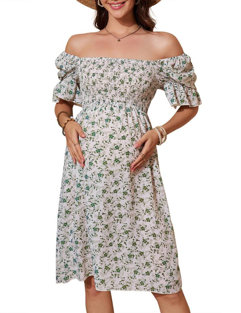 ファンジュライ レディース トップス ワンピース フラワー柄 ミディ シャーリング フラワー FUNJULY Women'square Neck Puff Short Sleeve Smocked Floral Casual Midi Dress Green グリーン｜ReVida 店 9,436円