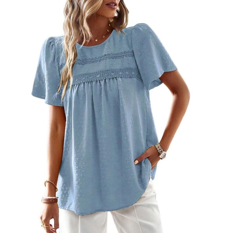 エリートチョイス レディース トップス プルオーバー 労働者の一団のど首 トップ スピード競技 Elitechoice Womens Boho Short Sleeve Shirts Lace Crew Neck Swiss Dot Blouses Tops Blue 青色