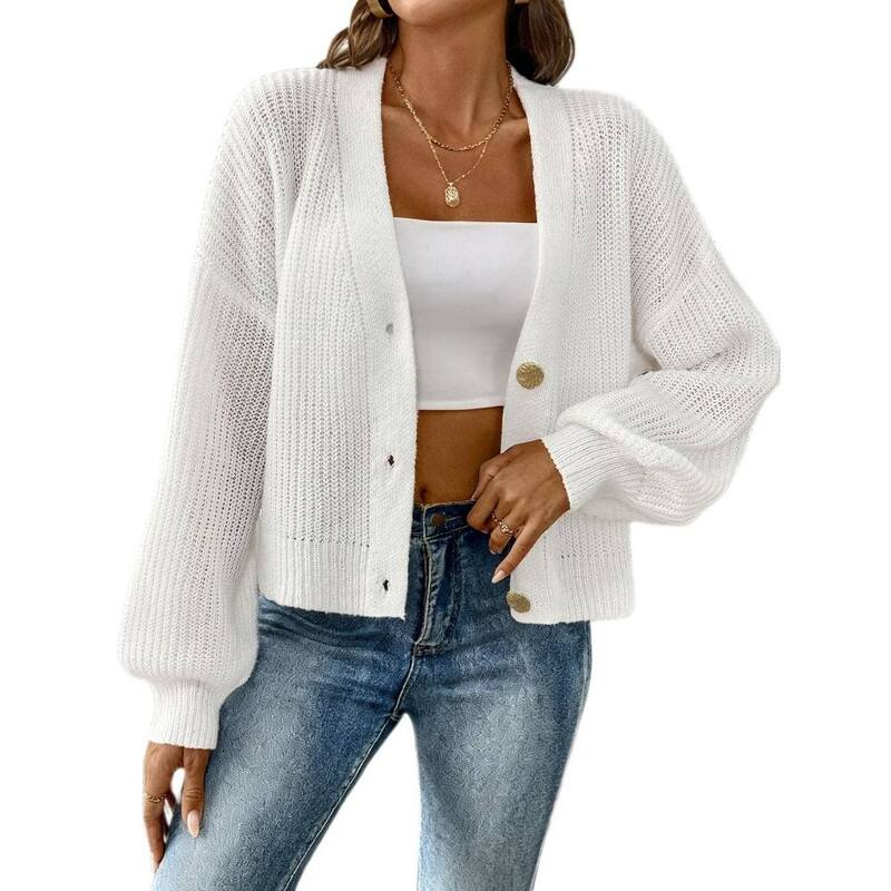 イエスファッション レディース アウター ニット・セーター カーディガン ダウン Yesfashion Women's Puff Long Sleeve Button-Down Cardigan Casual Dressy Sweater White ホワイト|ReVida 店